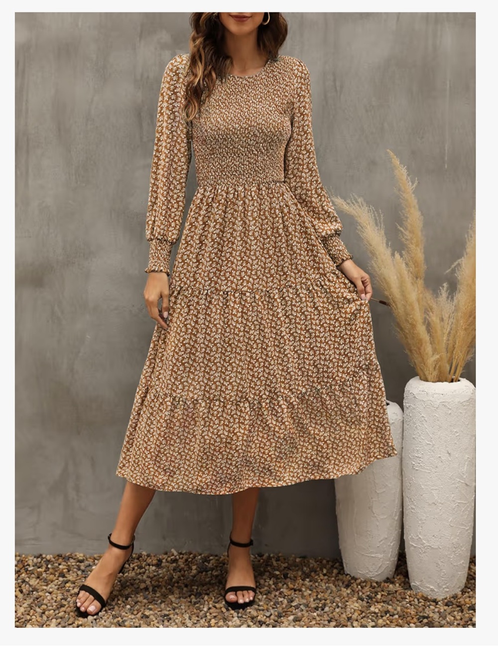 Zattcas Tiered Midi Dress in Brown Floral